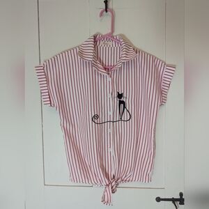 ♥️ Roshop Vintage Y2K Red and White Striped Cat Shirt waist tie size M